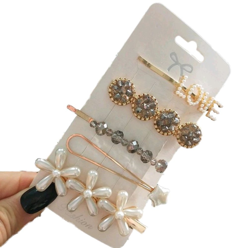Grey Crystal and Pearl Hair Pins & Clips Set of 5